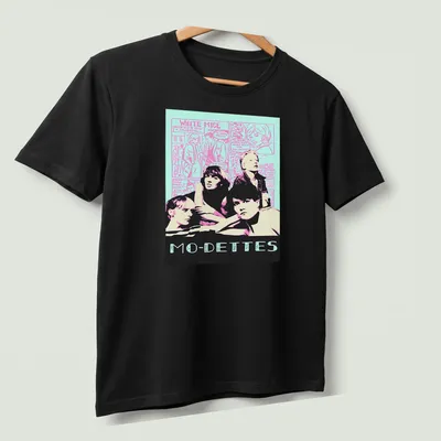 Retro comic Mo-Dettes band t-shirt featuring white mice in vibrant colors. — printed on a unisex t-shirt (angled view)