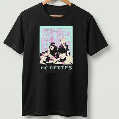 Retro comic Mo-Dettes band t-shirt featuring white mice in vibrant colors.