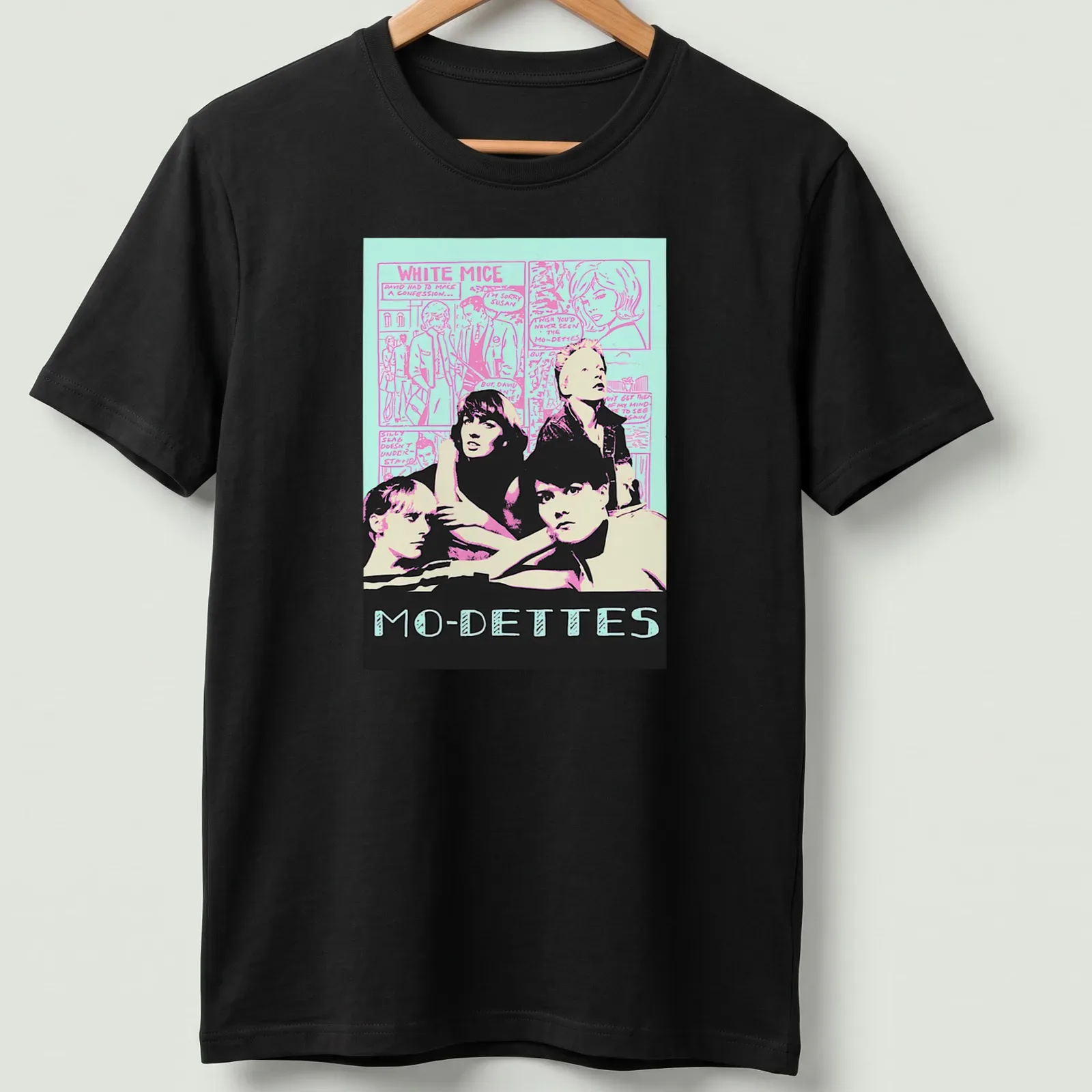 Retro comic Mo-Dettes band t-shirt featuring white mice in vibrant colors. — printed on a unisex t-shirt