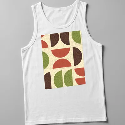 Textured T-shirt featuring geometric shapes in red, green, brown, and beige. — printed on a tank top
