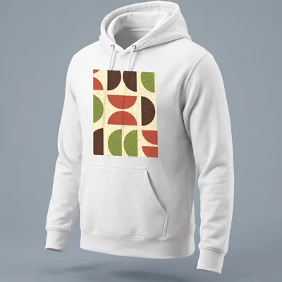 Textured T-shirt featuring geometric shapes in red, green, brown, and beige. — printed on a unisex hoodie