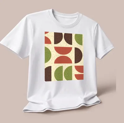 Textured T-shirt featuring geometric shapes in red, green, brown, and beige. — printed on a unisex t-shirt (angled view)