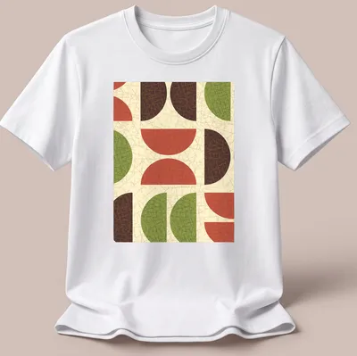 Textured T-shirt featuring geometric shapes in red, green, brown, and beige.