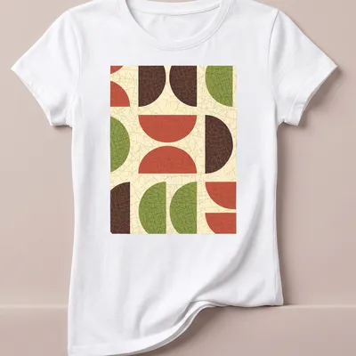 Textured T-shirt featuring geometric shapes in red, green, brown, and beige. — printed on a women's shirt