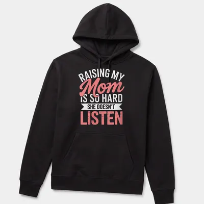 Playful script t-shirt for moms with humorous text about parenting struggles — printed on a unisex hoodie