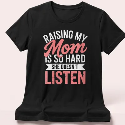 Playful script t-shirt for moms with humorous text about parenting struggles — printed on a women's shirt