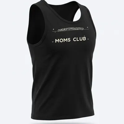 Moms Club t-shirt with 'Overstimulated Moms Club' in rounded bubble lettering on a cream background — printed on a tank top
