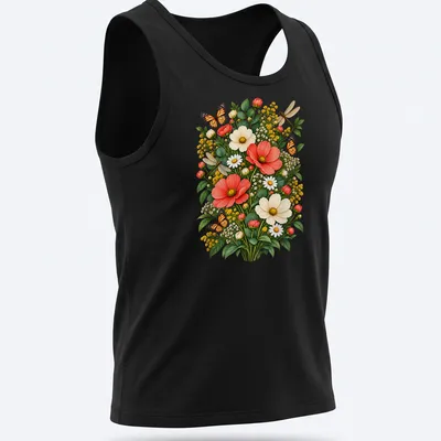 Vintage botanical t-shirt with a Monarch butterfly and wildflowers in orange, yellow, and green — printed on a tank top