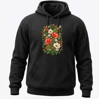 Vintage botanical t-shirt with a Monarch butterfly and wildflowers in orange, yellow, and green — printed on a unisex hoodie