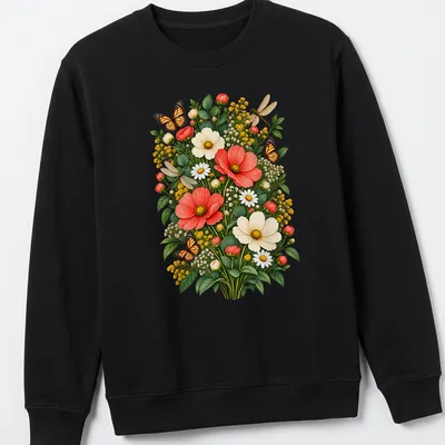 Vintage botanical t-shirt with a Monarch butterfly and wildflowers in orange, yellow, and green — printed on a unisex sweatshirt