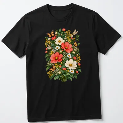 Vintage botanical t-shirt with a Monarch butterfly and wildflowers in orange, yellow, and green