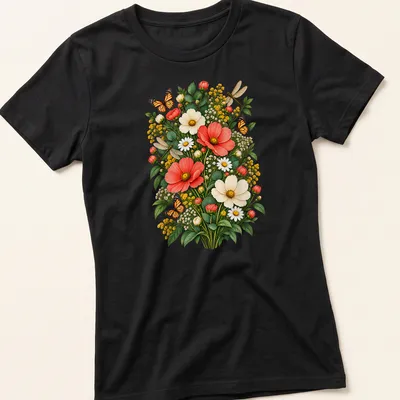 Vintage botanical t-shirt with a Monarch butterfly and wildflowers in orange, yellow, and green — printed on a women's shirt