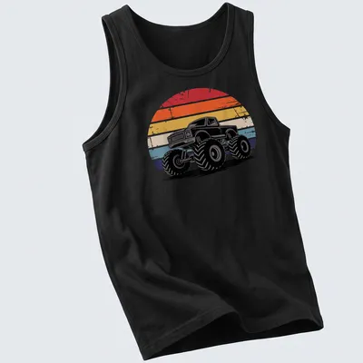 Retro distressed Monster Truck Lover T-shirt featuring vibrant colors and stripes — printed on a tank top