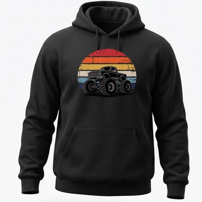 Retro distressed Monster Truck Lover T-shirt featuring vibrant colors and stripes — printed on a unisex hoodie