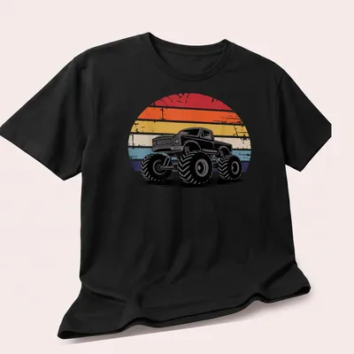 Retro distressed Monster Truck Lover T-shirt featuring vibrant colors and stripes — printed on a unisex t-shirt (angled view)