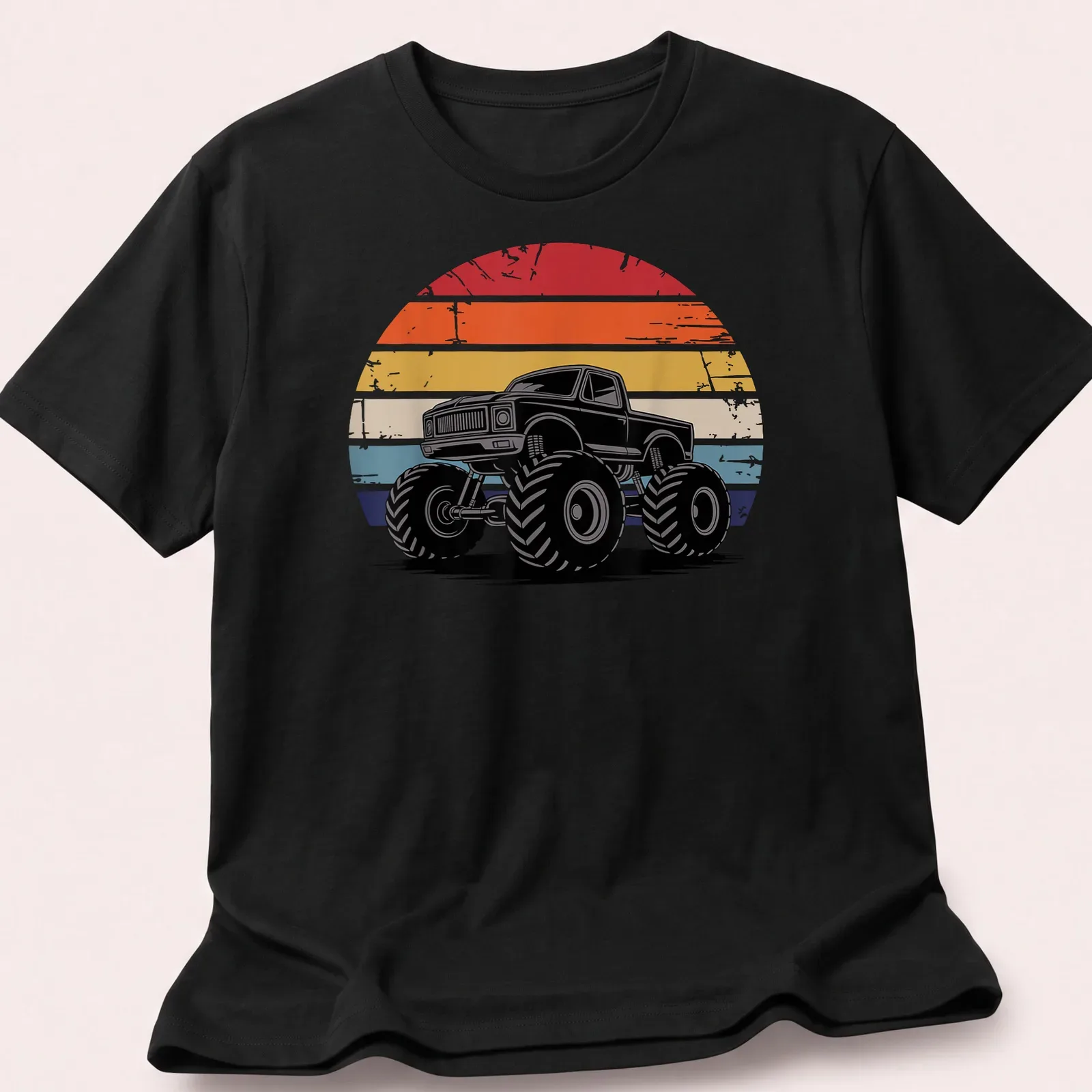 Retro distressed Monster Truck Lover T-shirt featuring vibrant colors and stripes — printed on a unisex t-shirt