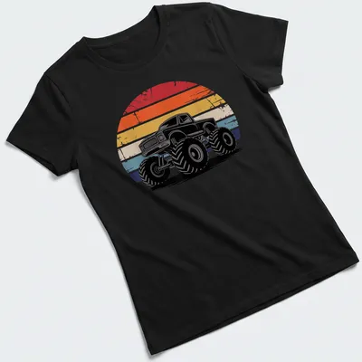 Retro distressed Monster Truck Lover T-shirt featuring vibrant colors and stripes — printed on a women's shirt
