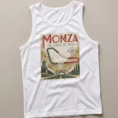 Vintage racing tee featuring Monza racing circuit text and retro colors — printed on a tank top