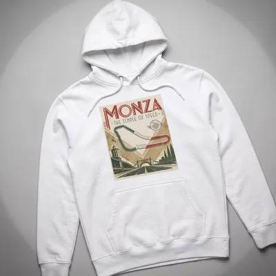Vintage racing tee featuring Monza racing circuit text and retro colors — printed on a unisex hoodie