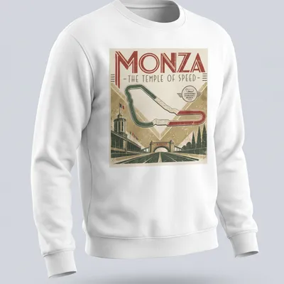 Vintage racing tee featuring Monza racing circuit text and retro colors — printed on a unisex sweatshirt