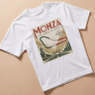 Vintage racing tee featuring Monza racing circuit text and retro colors