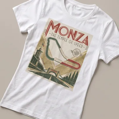 Vintage racing tee featuring Monza racing circuit text and retro colors — printed on a women's shirt