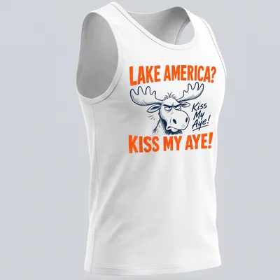 Cartoon moose with text 'LAKE AMERICA? KISS MY AYE!' in vibrant colors — printed on a tank top