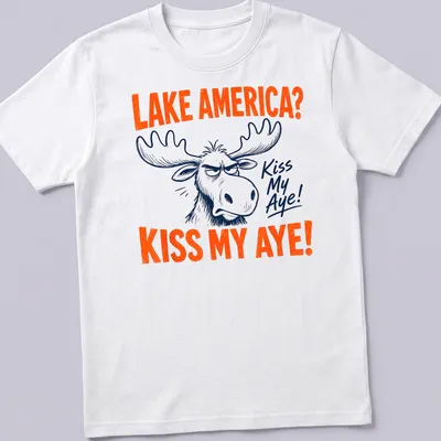 Cartoon moose with text 'LAKE AMERICA? KISS MY AYE!' in vibrant colors