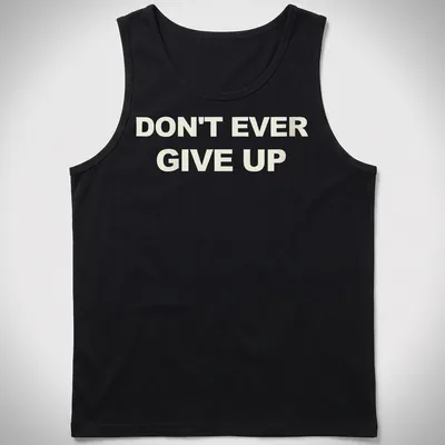 Bold typography t-shirt with the motivational phrase Don't Ever Give Up in white. — printed on a tank top