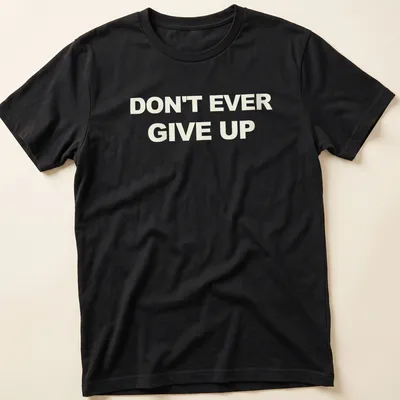 Bold typography t-shirt with the motivational phrase Don't Ever Give Up in white.