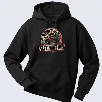 Vintage distressed t-shirt with motorcycle racer and bold text about speed. — printed on a unisex hoodie