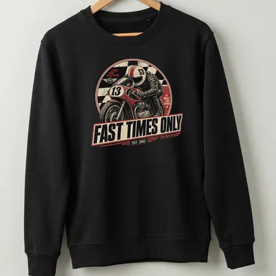 Vintage distressed t-shirt with motorcycle racer and bold text about speed. — printed on a unisex sweatshirt
