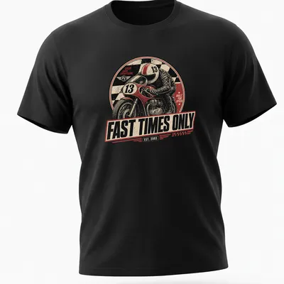 Vintage distressed t-shirt with motorcycle racer and bold text about speed.