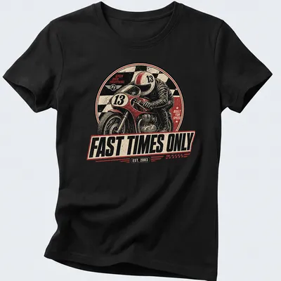 Vintage distressed t-shirt with motorcycle racer and bold text about speed. — printed on a women's shirt