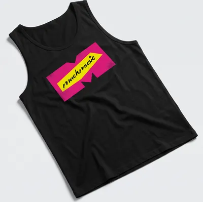 Retro MuchMusic logo t-shirt in pink, yellow, and black — printed on a tank top