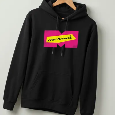 Retro MuchMusic logo t-shirt in pink, yellow, and black — printed on a unisex hoodie