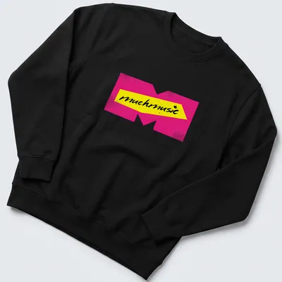 Retro MuchMusic logo t-shirt in pink, yellow, and black — printed on a unisex sweatshirt
