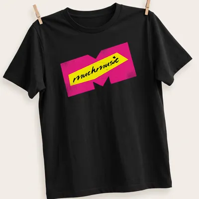 Retro MuchMusic logo t-shirt in pink, yellow, and black