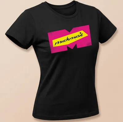 Retro MuchMusic logo t-shirt in pink, yellow, and black — printed on a women's shirt