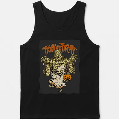 Cartoon mummy and ghost with 'TRICK or TREAT' text in vibrant Halloween colors — printed on a tank top