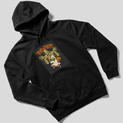 Cartoon mummy and ghost with 'TRICK or TREAT' text in vibrant Halloween colors — printed on a unisex hoodie