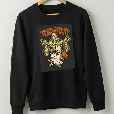 Cartoon mummy and ghost with 'TRICK or TREAT' text in vibrant Halloween colors — printed on a unisex sweatshirt