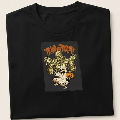Cartoon mummy and ghost with 'TRICK or TREAT' text in vibrant Halloween colors