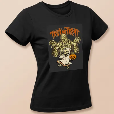 Cartoon mummy and ghost with 'TRICK or TREAT' text in vibrant Halloween colors — printed on a women's shirt