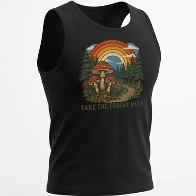 Vintage illustration of mushrooms in a forest with text 'Take The Forest Path.' — printed on a tank top
