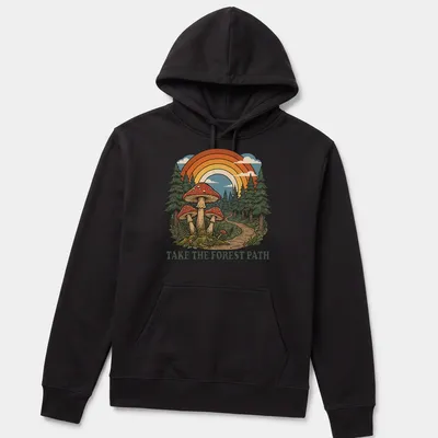 Vintage illustration of mushrooms in a forest with text 'Take The Forest Path.' — printed on a unisex hoodie