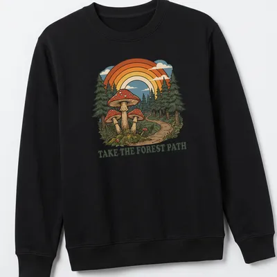 Vintage illustration of mushrooms in a forest with text 'Take The Forest Path.' — printed on a unisex sweatshirt