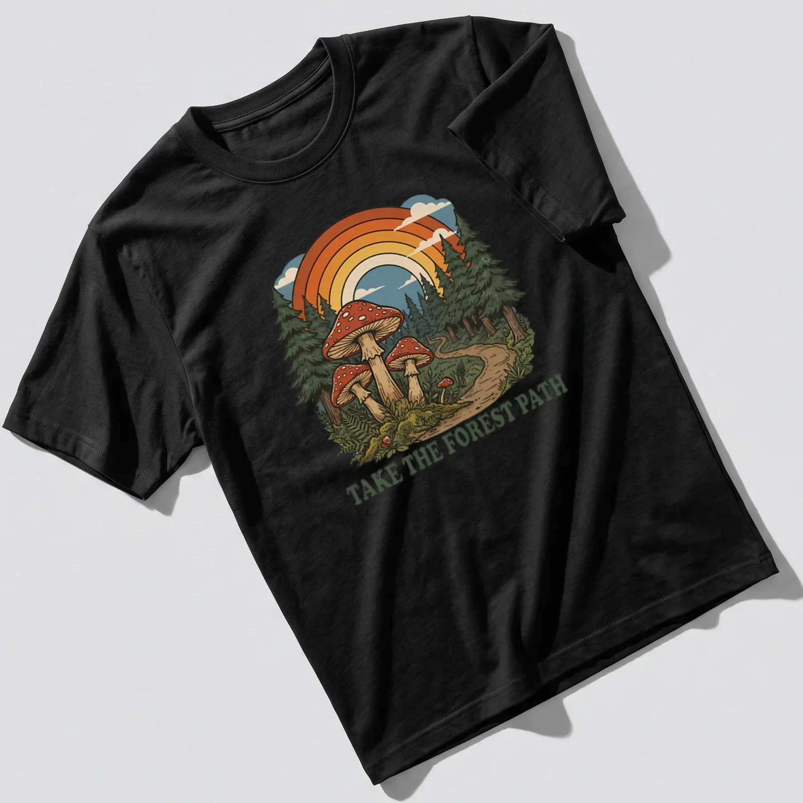Vintage illustration of mushrooms in a forest with text 'Take The Forest Path.' — printed on a unisex t-shirt