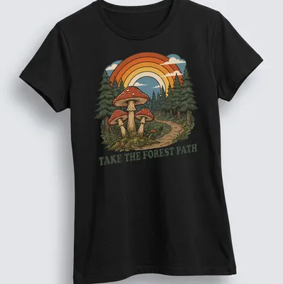 Vintage illustration of mushrooms in a forest with text 'Take The Forest Path.' — printed on a women's shirt