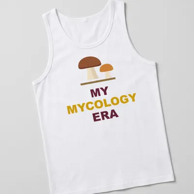 Minimalist mushroom graphic t-shirt featuring earthy tones with text above — printed on a tank top